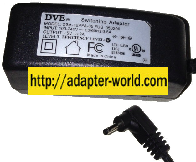 DVE DSA-12FPA-05 FUS 050200 AC ADAPTER 5VDC 2A NEW 0.8x2.4x8.3